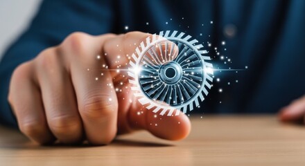 Hand interacting with futuristic digital interface hologram of engine