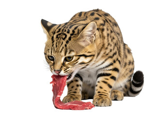 Obraz premium A spotted cat intently consumes a piece of raw meat against a black background.