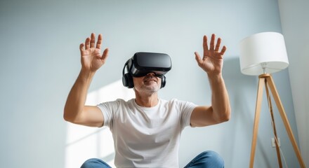 Caucasian adult male experiencing virtual reality with headset in bright living room