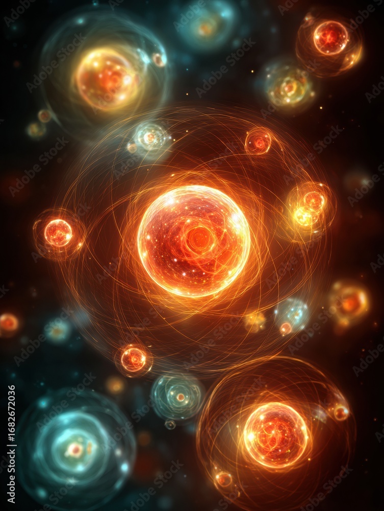 Poster abundant spheres radiate energy in two distinct colors, symbolizing atomic structures with swirling 
