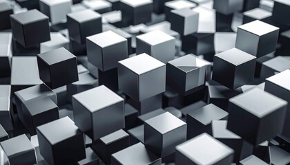 Monochromatic 3D cubes densely packed in an abstract metallic landscape with high contrast lighting