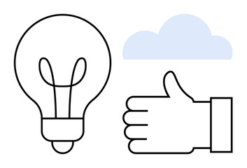 Outline of a lightbulb, thumbs up hand gesture, and blue cloud representing innovation, approval, and connectivity. Ideal for creativity, technology, collaboration, approval productivity design