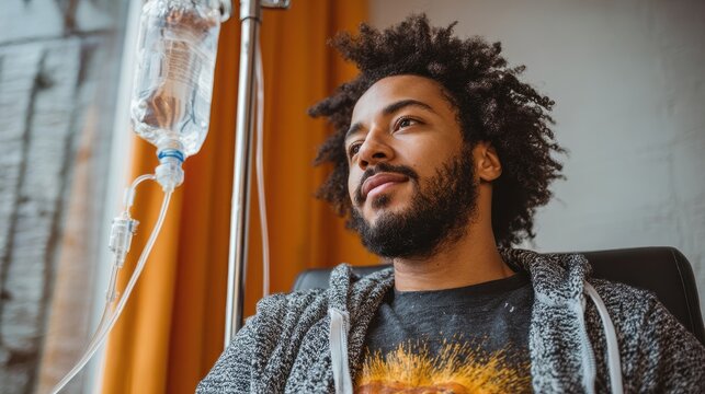 IV Hydration Therapy: Young Man Receiving Vitamin Treatment at Home for Stress Relief