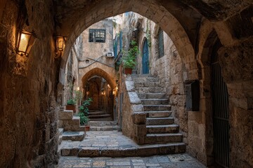 Fototapeta premium Jerusalem Alley. Old City Hidden Passageway with Stone Stairway and Arch in Israel