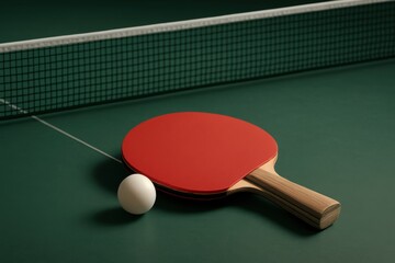 A table tennis paddle and ball on green court surface near the net, captured in a clean studio lighting setup.
