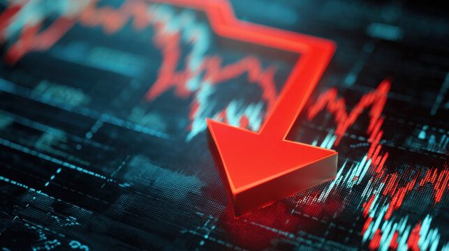 Close-up OLED display with large red downward arrow and layered stock charts showing economic risk and bearish signals