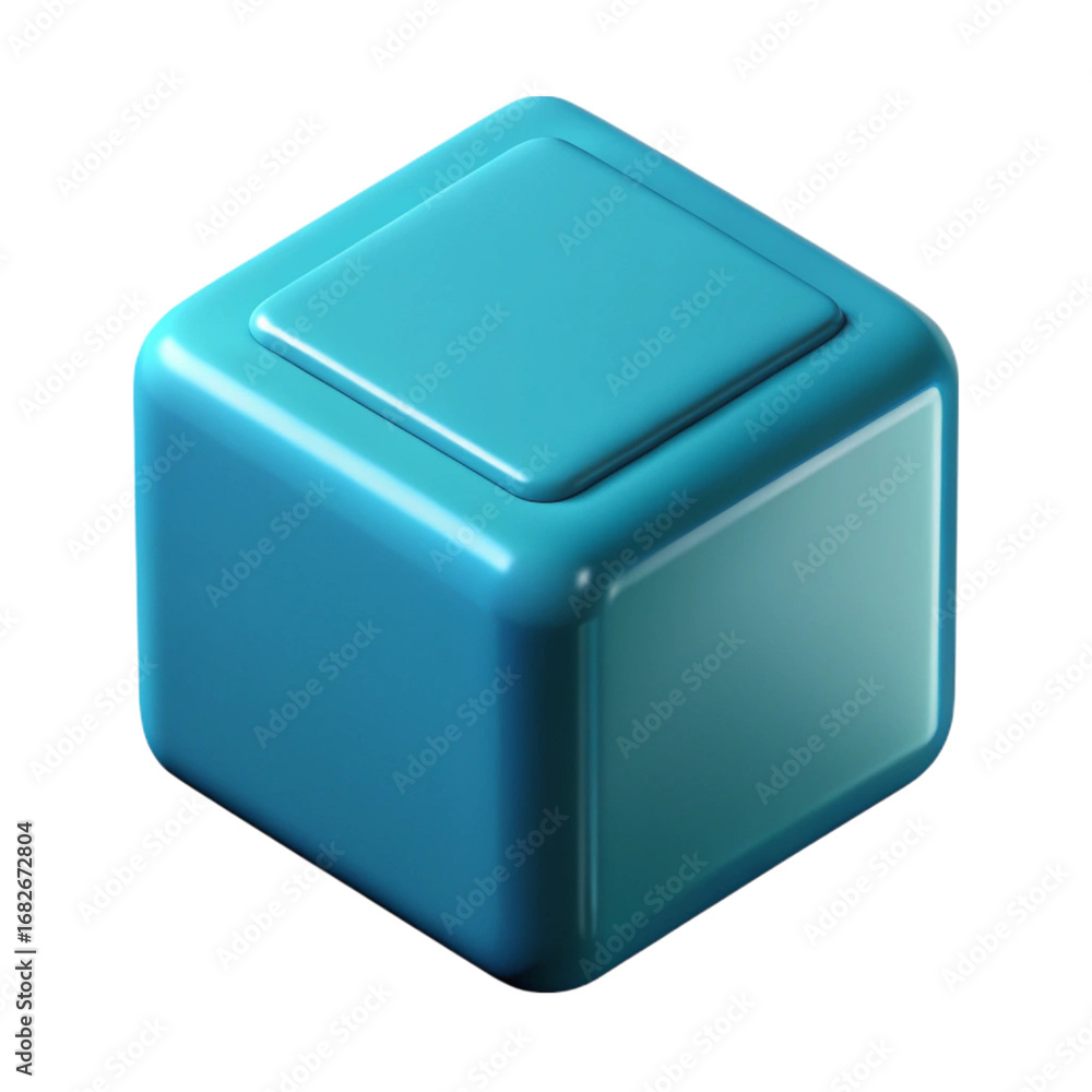 Poster glossy cyan 3d render of a cube with a recessed top surface isolated on black