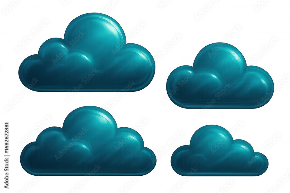 Poster Glossy blue cloud icons hovering against transparent backdrop, symbolizing cloud computing, data storage, digital networking
