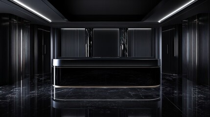 Obraz premium Elegant black reception area with marble floors and modern lighting showcasing luxury and