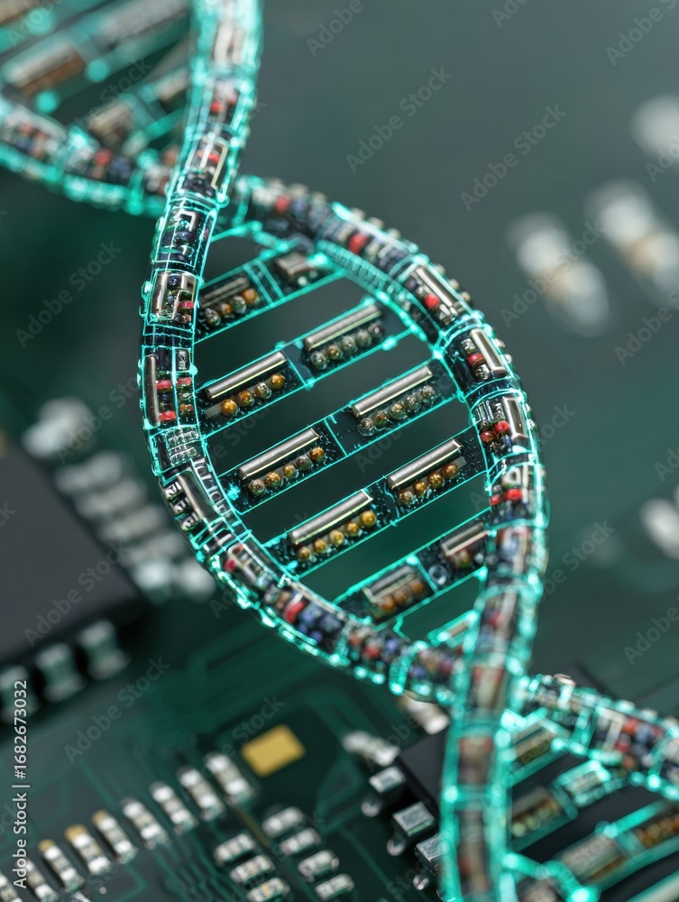 Poster a close-up shows dna strands of digital circuits, merging biological research with advanced tech on 