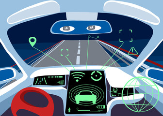 Futuristic dashboard of autonomous smart car with autopilot system