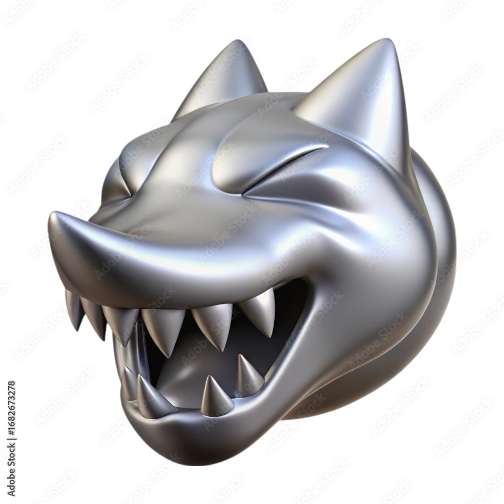 Poster metallic rendered 3d wolf head with sharp teeth and smiling expression against black background