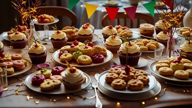 Celebrate joyfully with a festive spread of colorful cupcakes and delightful cookies, creating a sweet and memorable gathering experience for everyone.