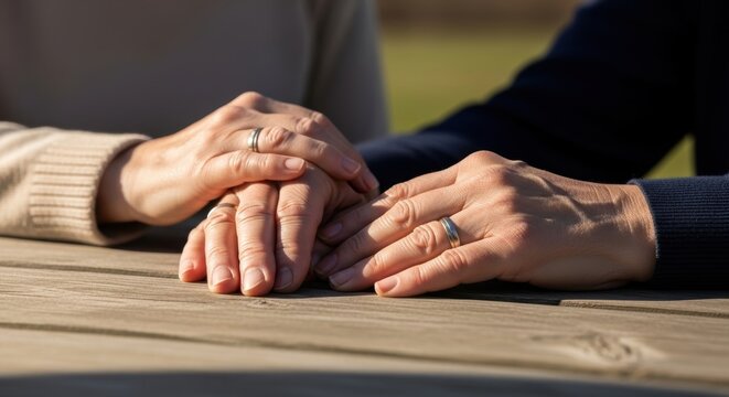 Elderly caucasian couple holding hands outdoors with wedding rings visible