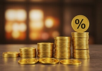 Stacks of shiny gold coins arranged in ascending order from left to right on a reflective surface