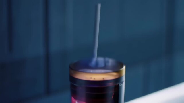 Close-up of a tall, cylindrical, deep-red liquid container.  Text is visible on the inside. Dark, muted background