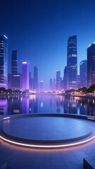 Naklejka premium Illuminated Cityscape at Night with Reflective Water and Circular Platform