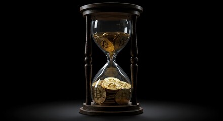 An hourglass filled with bitcoin, concept of time and money, dramatic black background.
