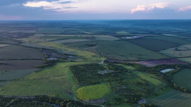 Drone shot over Nicopolis ad Istrum, ancient Roman city illuminated by sunset light