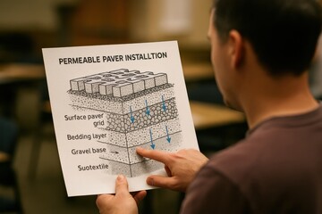 A person holds a detailed diagram explaining the layers of a permeable paver installation for effective water infiltration and drainage.