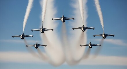 Nine aerobatic jets in a precise V-formation perform against a clear blue sky, leaving elegant smoke trails behind them.