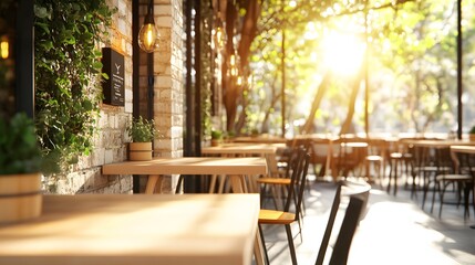 Sunlit outdoor caf&eacute; with modern wood tables and greenery along brick wall, perfect for website headers, hospitality promotions