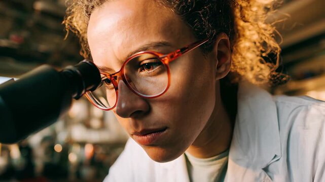 Woman scientist in a white lab coat examines samples under a microscope, showcasing modern research, science innovation, and professional laboratory work.