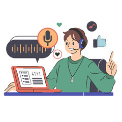 A smiling individual wearing a headset, using a laptop, and pointing upwards with a speech bubble.