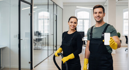 Two smiling professional cleaners in yellow gloves stand in a modern office, one holding a vacuum, the other a smartphone.