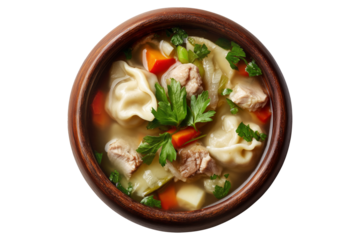 Hot meat pork soup with vegetables and doughboys dumplings in wooden bowl, isolated on white transparent background, concept of New Zealand cuisine