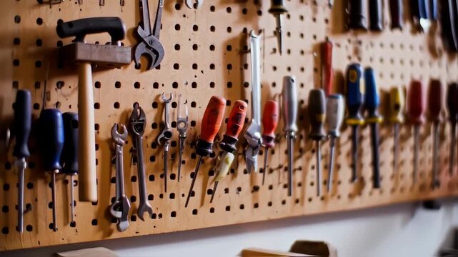 Tools arranged on a pegboard wall