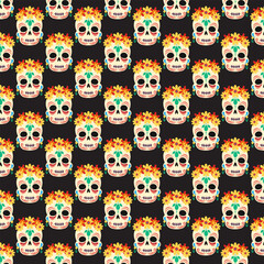 Obraz premium Sugar Skull SeamlessPattern. Dia de los Muertos. Black Background. Vector Illustrations