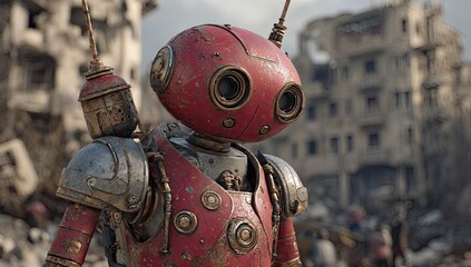 Rusty red robot in a ruined city