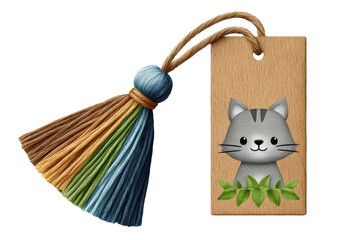 A wooden tag featuring a cute illustrated cat with a colorful tassel and green leaves at the base.