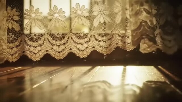 Sunlit Lace Curtains with Wooden Floor.