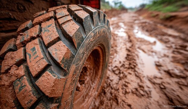 Close-up of a muddy tire on a rutted dirt road
