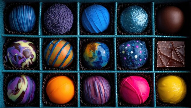 Colorful chocolate truffles in a teal box