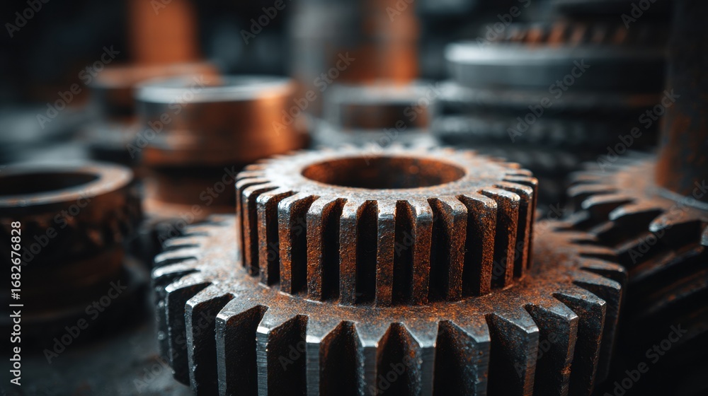 Poster various rusty gears are arranged in a workshop setting, highlighting intricate mechanical designs an