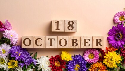 Wooden Blocks with Date 18 October. Floral Calendar – Vibrant Flowers on Solid Colored Background