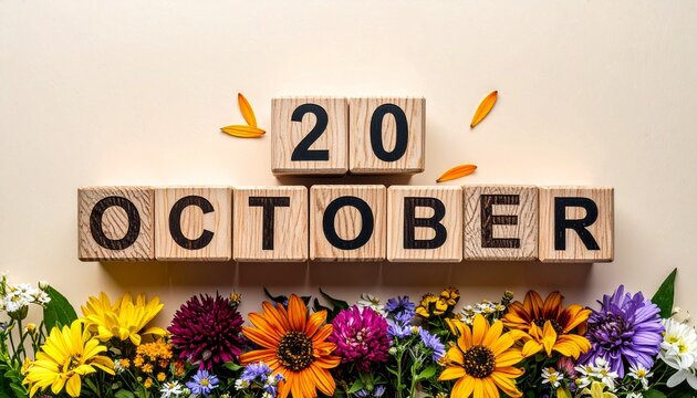 Wooden Blocks with Date 20 October. Floral Calendar – Vibrant Flowers on Solid Colored Background