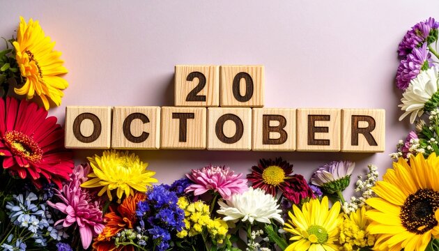 Wooden Blocks with Date 20 October. Floral Calendar – Vibrant Flowers on Solid Colored Background