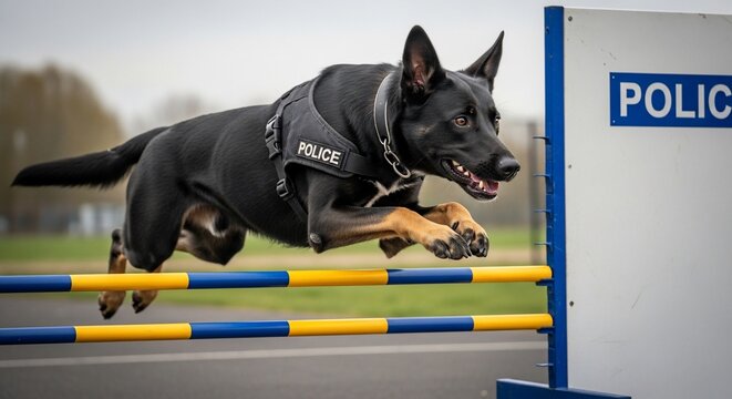 Police dog in action, jumping a hurdle during training.