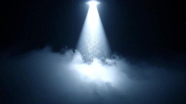 Mysterious UFO Hovering in Night Sky with Bright Beam of Light Piercing Through Dark Clouds and Mist Creating Eerie Atmosphere Perfect for Sci-Fi Alien Invasion Scene Video Background or Film Project