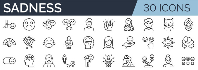 Set of 30 outline icons related to sadness. Linear icon collection. Editable stroke. Vector illustration