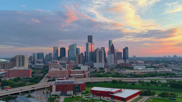 Houston, Texas, August 23rd, 2025. Aerial shot of Houston downtown skyscrapers at sunset.