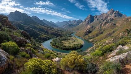 Scenic river loop amidst mountains