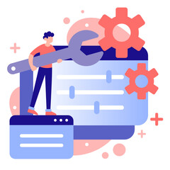 Illustration of a man holding a wrench, standing near a settings panel with gears and sliders, representing configuration or customization.