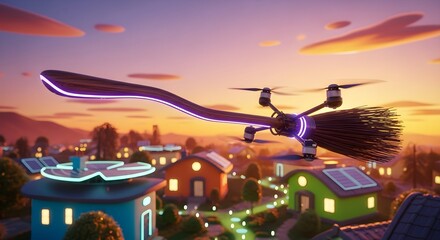Modern Halloween Concept Futuristic Flying Broom in a Charming Town