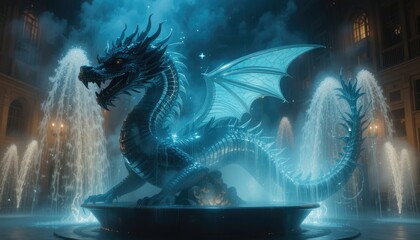 Majestic Blue Dragon Fountain Glowing with Ethereal Light in a Misty Night Courtyard