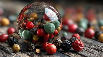 Colorful peppercorns in glass bowl on wood surface food spice ingredient